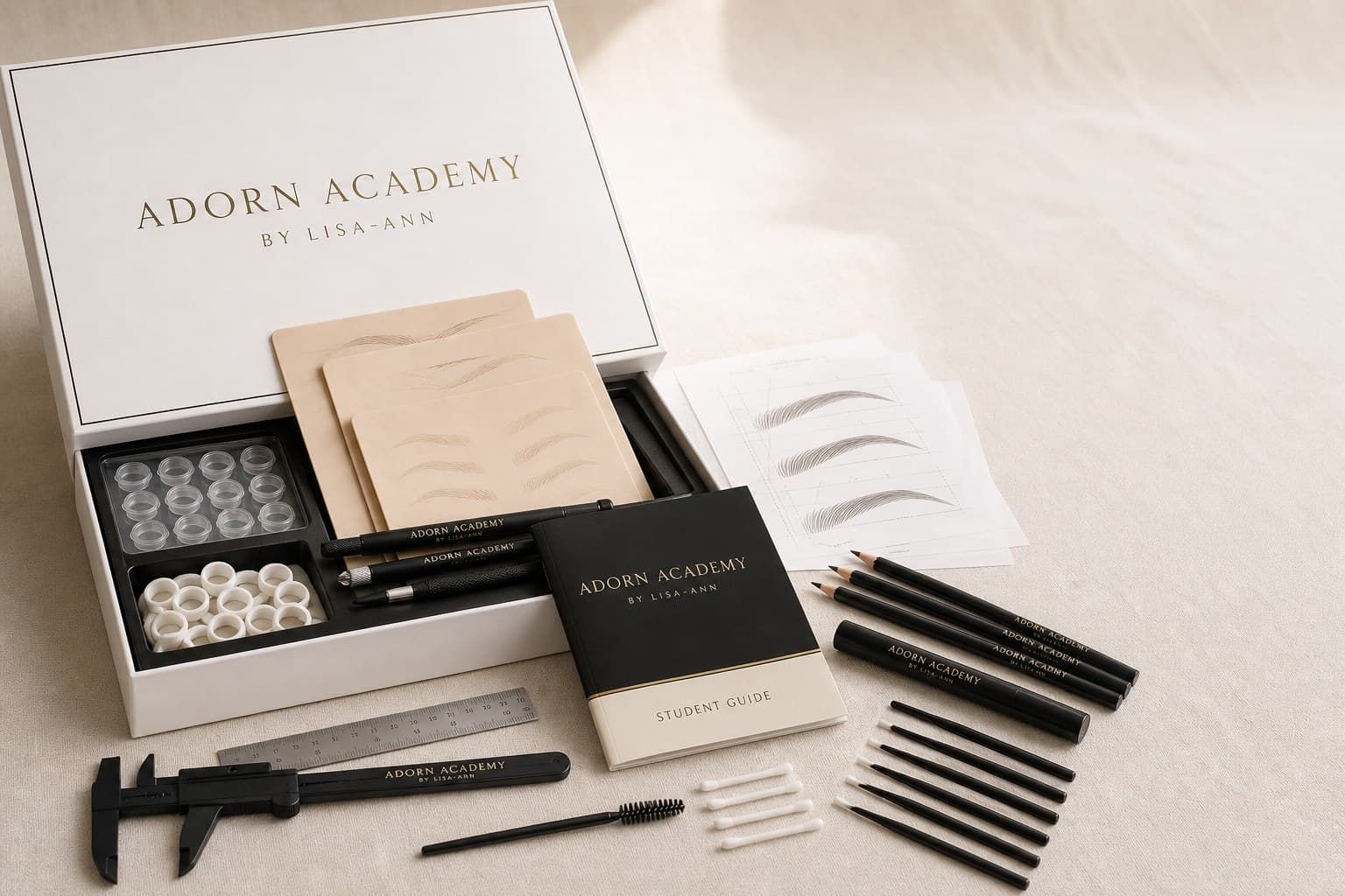 Adorn Academy professional training kit, including branded box, student guide and tools